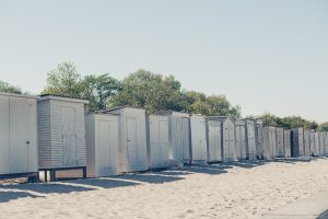 Changing rooms on the sandy beach.